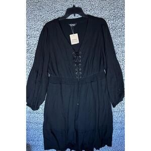 Bloomchic Black Lace Up V Neck Dress Womens US 14 16 Long Sleeve NWT